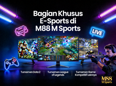 Bagian khusus E-Sports di M88 M Sports yang menampilkan turnamen Dota 2, League of Legends, dan game kompetitif lainnya