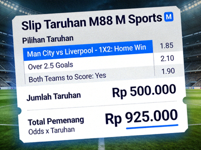Contoh slip taruhan M88 M Sports yang menunjukkan pilihan taruhan, odds, dan jumlah taruhan yang dipasang