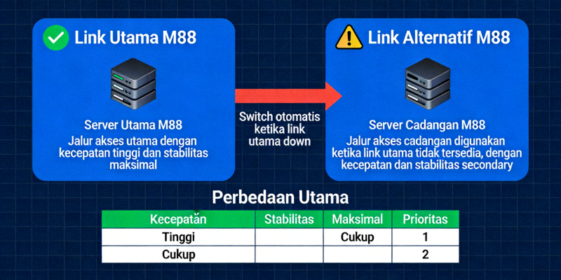 Diagram ilustrasi perbedaan antara link utama M88 dan link alternatif sebagai jalur akses cadangan