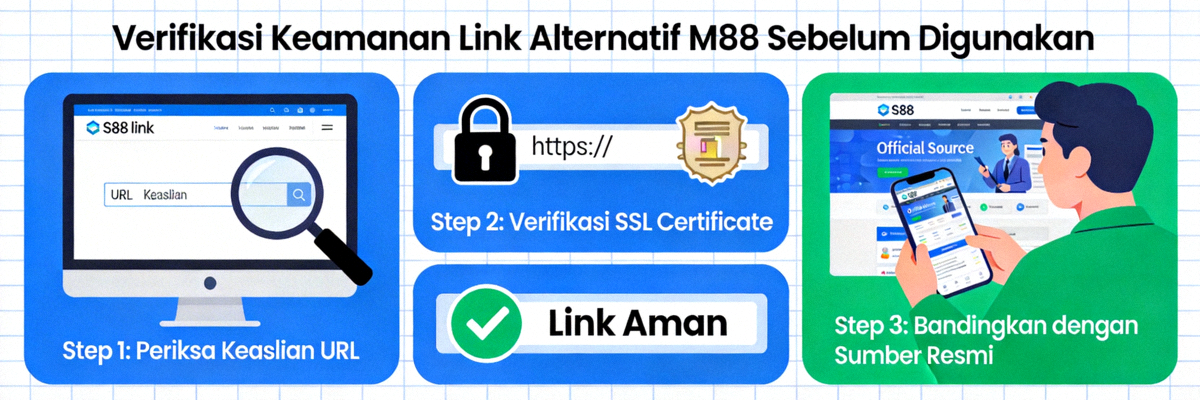Ilustrasi keamanan dan verifikasi link alternatif M88 sebelum digunakan