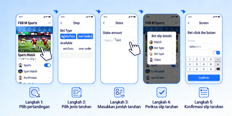 Ilustrasi langkah-langkah memasang taruhan di platform M88 M Sports mulai dari memilih pertandingan hingga konfirmasi slip taruhan