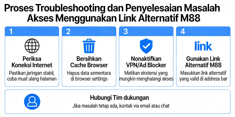 Ilustrasi proses troubleshooting dan penyelesaian masalah akses menggunakan link alternatif M88