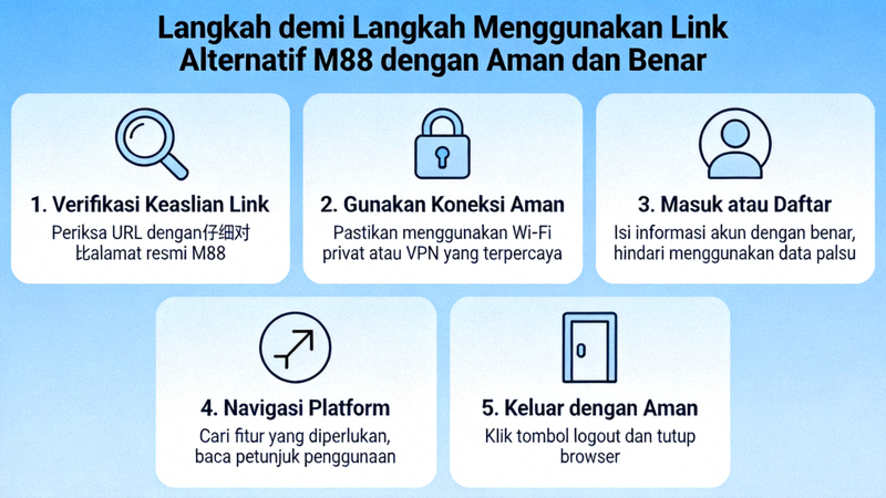 Infografis langkah demi langkah cara menggunakan link alternatif M88 dengan aman dan benar