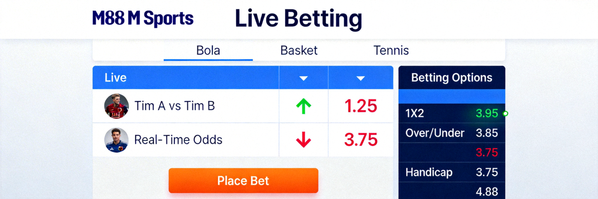 Tampilan antarmuka live betting M88 M Sports dengan odds real-time dan berbagai pilihan taruhan