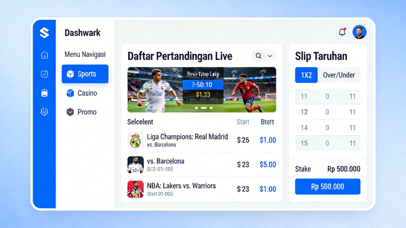 Tampilan dashboard M88 M Sports yang menunjukkan menu navigasi, daftar pertandingan live, dan slip taruhan