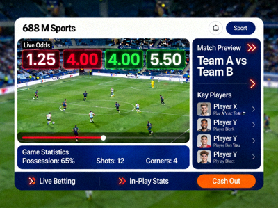 Tampilan halaman pertandingan live di M88 M Sports dengan odds yang berubah secara real-time dan statistik jalannya permainan